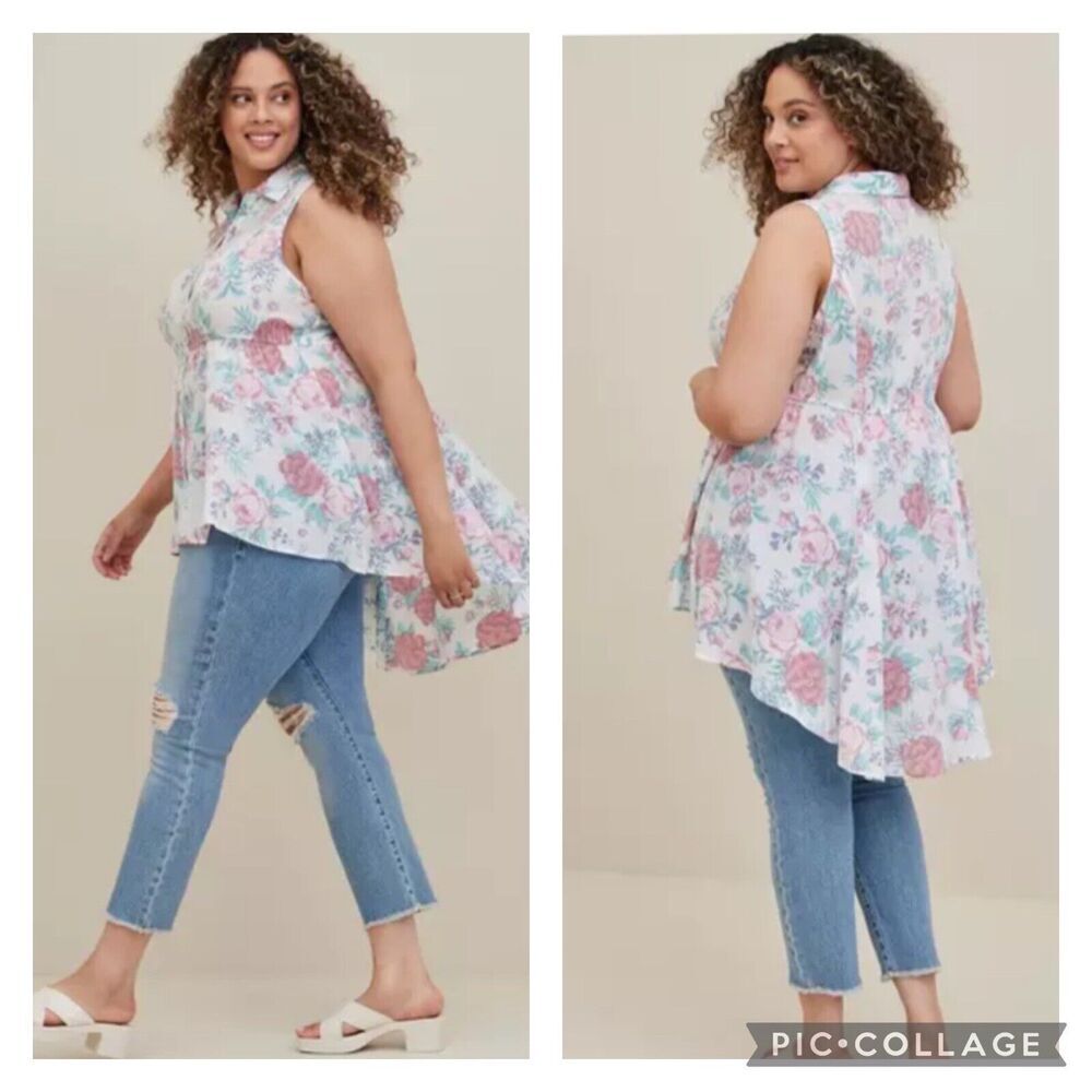 Torrid Babydoll Poplin Button Front Shirt Flowy Floral Summery Sleeveless 2X - Picture 1 of 7